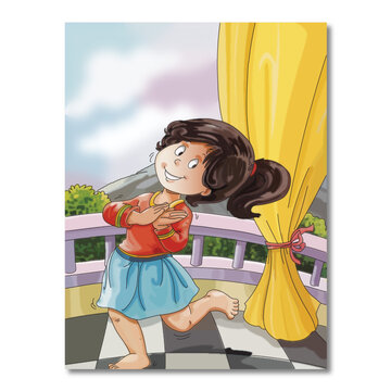 A Kids stands happily by the window. Kindergarten Rhymes, KG Rhymes