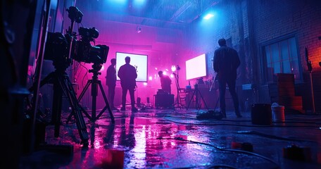 Fototapeta premium Film Crew Working on Set with Dynamic Lighting Effects