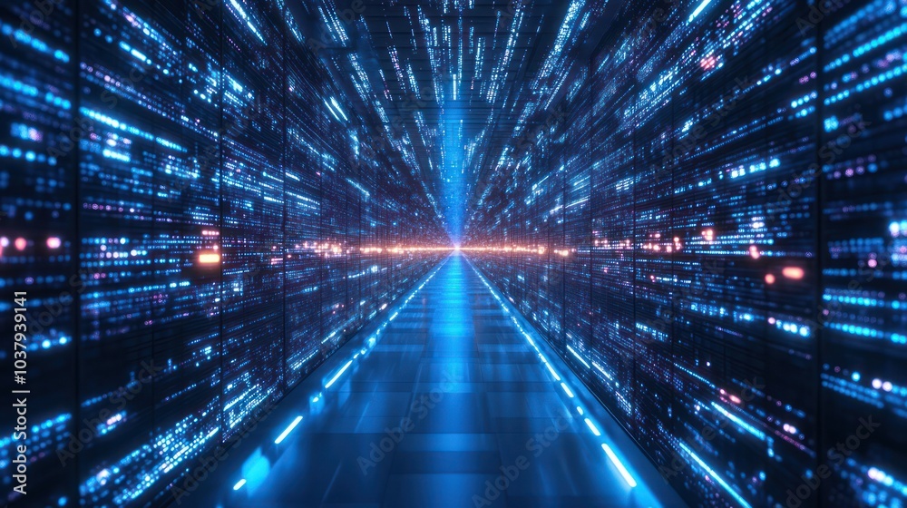 Poster a blue and orange computer network with many small squares