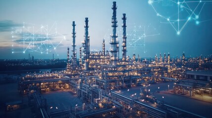 Fototapeta premium A large industrial plant with many tall towers and a lot of lights