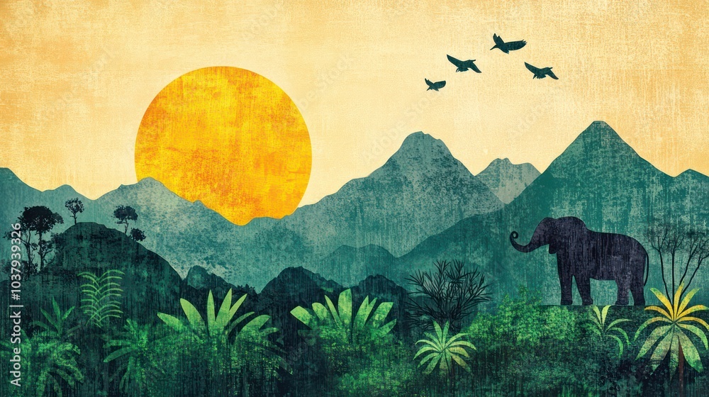 Poster a painting of a mountain range with a large elephant in the foreground