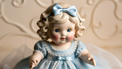 Fototapeta premium Cute doll for baby. Blonde in blue dress and bow, Gnerative.ai