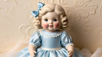 Fototapeta premium Cute doll for baby. Blonde in blue dress and bow, Gnerative.ai