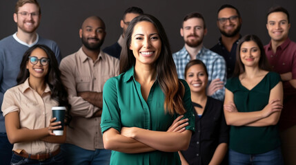 Diverse Business Team Collaboration, Female Leader with Crossed Arms, Teamwork and Retraining Symbolism