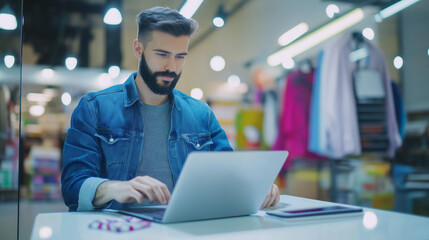 E-commerce Specialist with Online Storefront: An e-commerce specialist managing an online storefront on a laptop, showcasing digital retail technology.