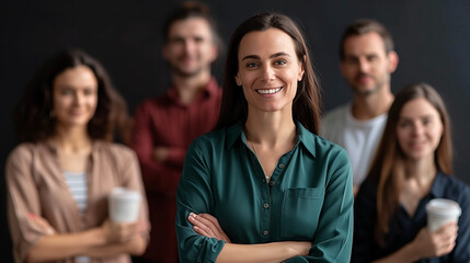 Fototapeta premium Diverse Business Team Collaboration, Female Leader with Crossed Arms, Teamwork and Retraining Symbolism