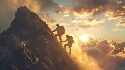 Hikers Reaching the Summit at Sunset