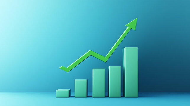 Green bar chart with upward arrow on blue background. created with Generative AI technology 