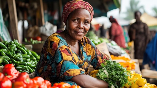 A woman is sitting in front of a vegetable stand with a smile on her face
