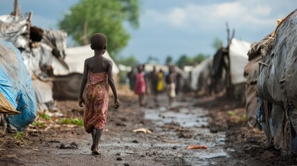 A girl walks down a dirt road in front of a row of tents
