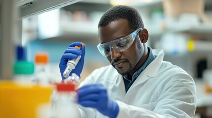 A man in a lab coat is wearing safety goggles