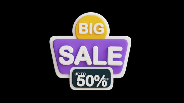 3D Video Animation Purple hexagonal Big Sale sign with white text and yellow banner advertising discounts of up to 50% off. Perfect for promotions.