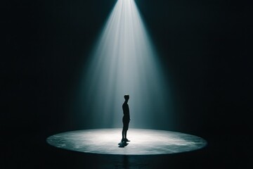 Spotlight on a lone figure highlights vulnerability in surrounding darkness.