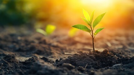 A small green plant is growing in the dirt