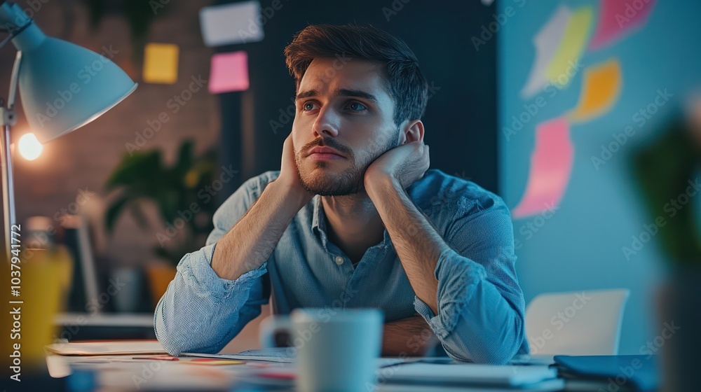 Poster a man is sitting at a desk with a cup of coffee and a stack of papers