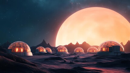 Advanced space colony with interconnected biodomes, thriving in an alien ecosystem