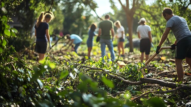 Community Volunteers Cleaning Up Fallen Branches and Debris in Lush Park for Ecological - Powered by Adobe