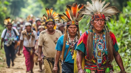 Fototapeta premium A group of men wearing colorful headdresses and clothing are walking down a path