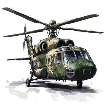 recommend clip art: Military helicopter clipart, defense element, digital painting, camo green, isolated on white background  