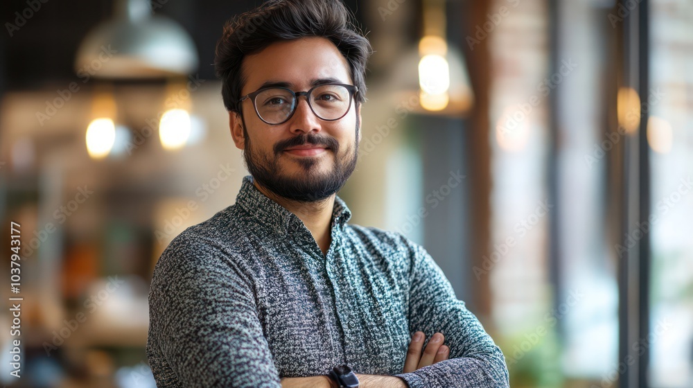 Poster A man with glasses is smiling and standing in front of a window