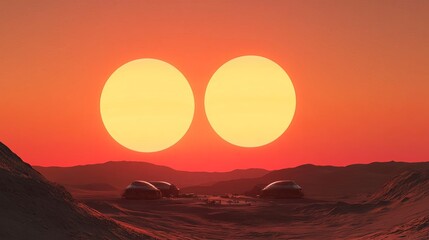 Alien planet with two suns, colonists constructing habitats under a double sunset