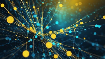 Abstract digital connection Peacock Blue and Soft Yellow dots and lines. In 3D and plexus effect, showcasing a network structure