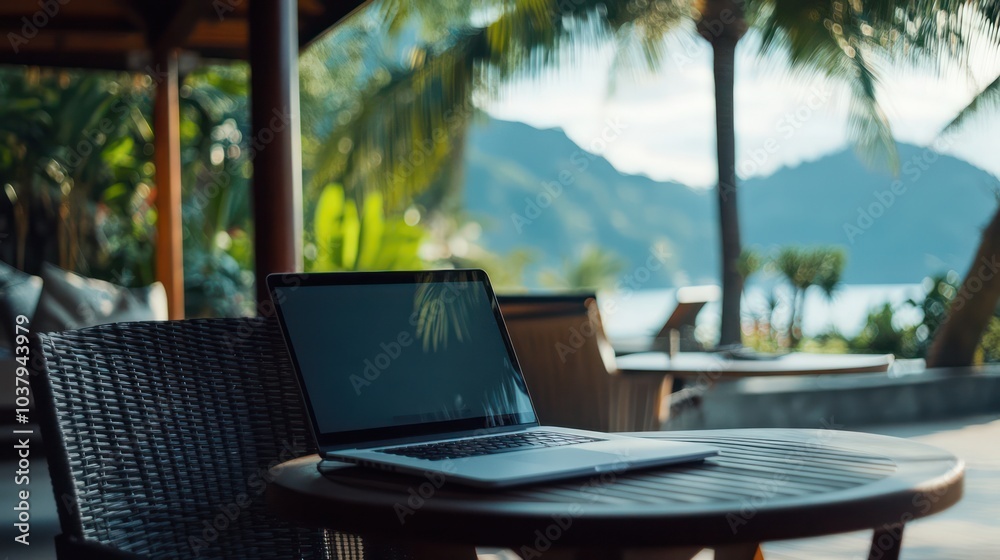 Poster A laptop is open on a table in front of a beach