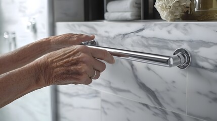 Elderly Hands Gripping Safety Grab Bar in Modern Bathroom