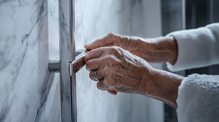 Elderly Hands Gripping Safety Bar in Modern Bathroom for Assisted Living