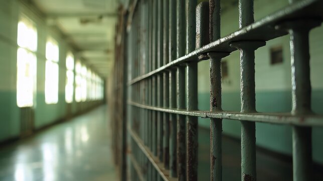 A prison cell with a metal bar on the door