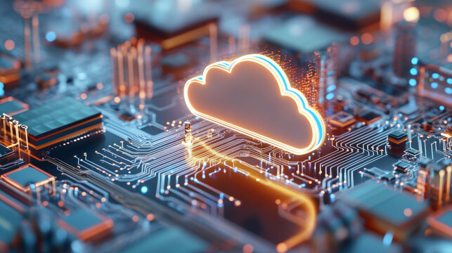 A glowing cloud icon hovers over a circuit board, symbolizing cloud computing technology and data connectivity in a digital environment.