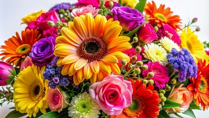 This exquisite bouquet of colorful flowers against a pristine white backdrop is ideal for elevating decor and creating