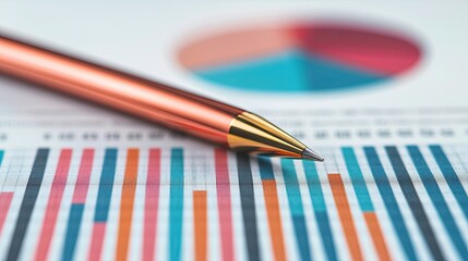 Fototapeta premium A close-up of a pen resting on a colorful data chart, showcasing various bar graphs and a pie chart, representing visualized statistical information.