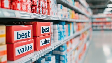 A brightly lit grocery aisle featuring colorful packaged products, prominently displaying "best value" labels.