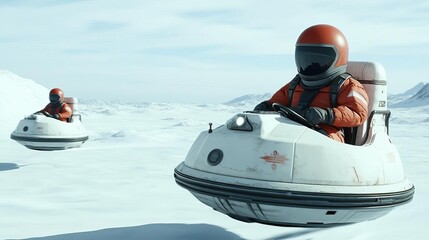 Colonists riding hovercraft across a frozen alien landscape, exploring new territory