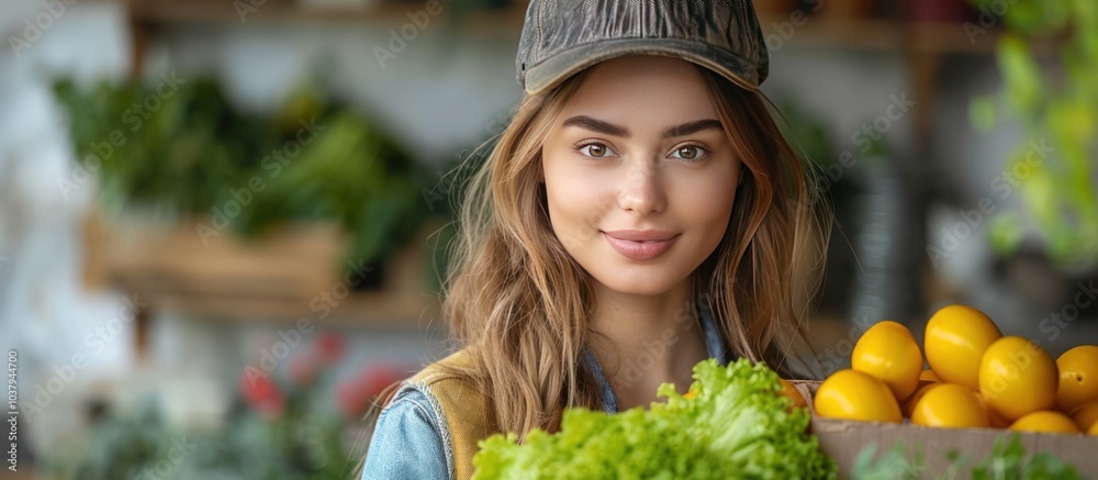 Canvas Prints A young woman in a cap holding fresh produce in a store, smiling at the camera.