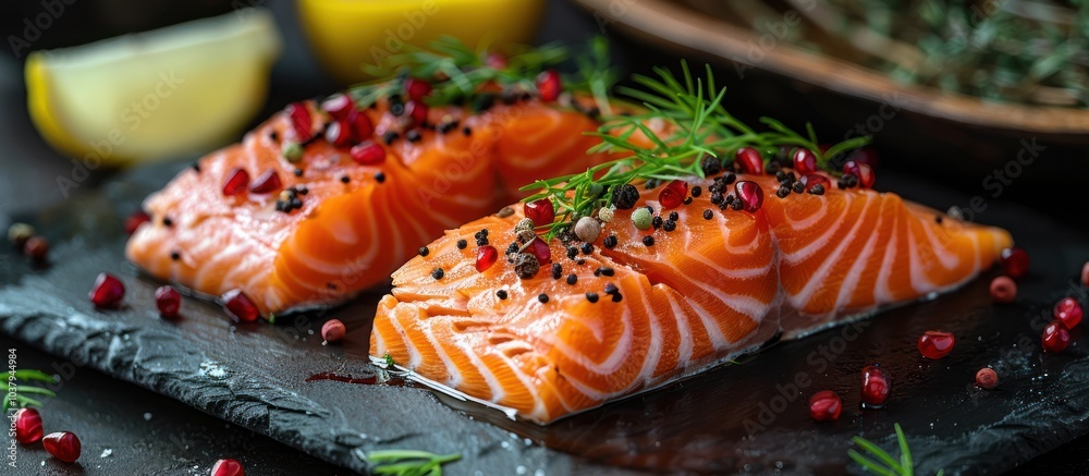 Poster Two pieces of salmon fillet seasoned with pomegranate seeds, dill, and black pepper on a black slate plate.