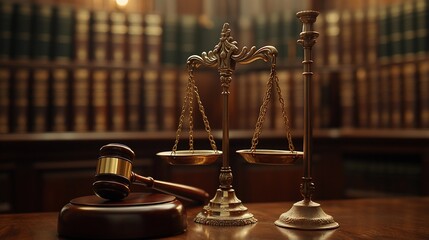 A wooden gavel, a scale of justice, and a pillar stand on a wooden desk in front of a bookcase.