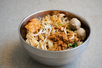 bowl of chicken noodle or mie ayam in indonesian, delicious chicken noodles.