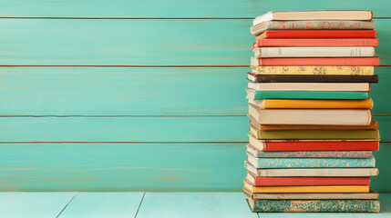 A tall stack of colorful books sits on a wooden surface against a teal background, suggesting a collection of diverse reading material.