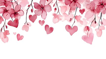 Fototapeta premium Delicate Floral Watercolor Painting with Pink Hearts and Ample White Space