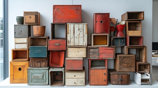 A wall of old wooden boxes and crates