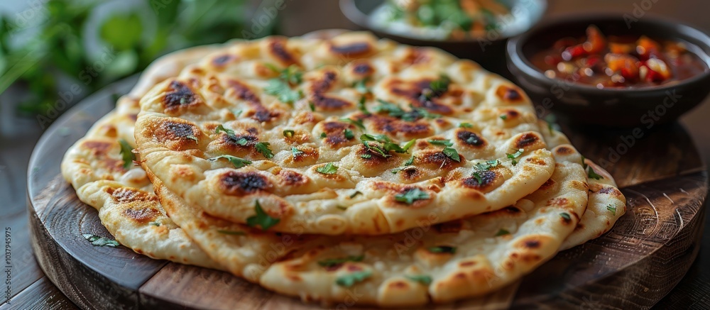 Poster Freshly baked naan bread with parsley garnish, served on a wooden board.