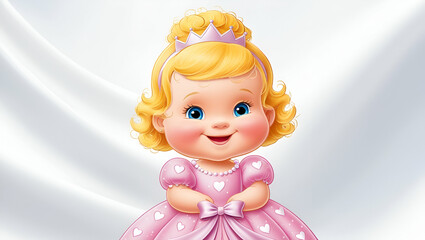 Fototapeta premium Cartoon Little Princess in a pink dress with hearts isolated on a white background, Gnerative.ai 