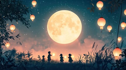 Fototapeta premium A group of children are standing in a field of grass