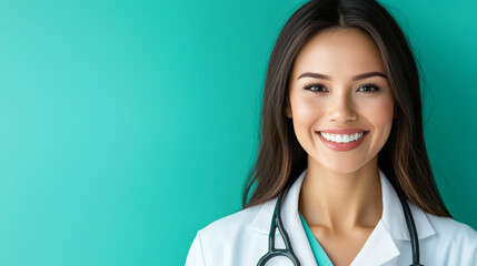 A smiling medical professional with dark hair stands against a teal background, wearing a white coat and stethoscope, exuding confidence and friendliness.