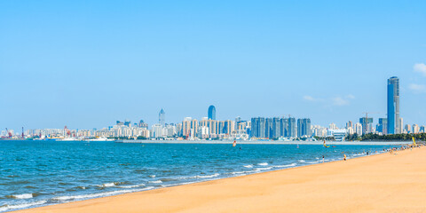 Scenery of Holiday Beach and West Coast Tall Buildings in Haikou, Hainan, China