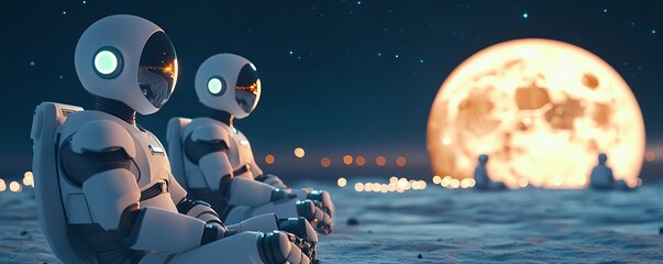 Naklejka premium Humans and AI robots working together to build a colony on a barren moon, sci-fi cooperation