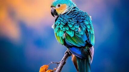 Fototapeta premium A vibrant blue and green parrot perched on a branch against a blurred sunset background.
