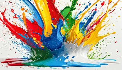 A vibrant illustration of multiple paint splashes hitting a white canvas, creating dynamic splatters in various bright colors&mdash;red, blue, yellow, and green